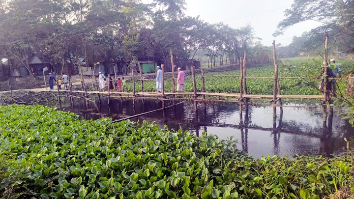 ঝুঁকি নিয়ে বাঁশের সাঁকোয় যাতায়াত করছে পাঁচ সহস্রাধিক মানুষ